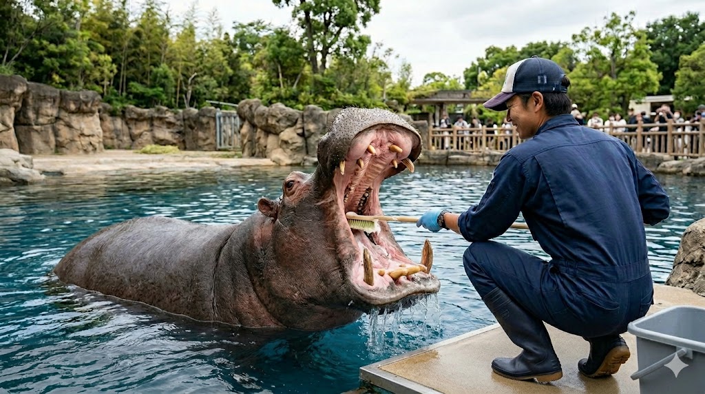 お口をあーんと開ける歯磨きカバさんを発見！アイキャッチ